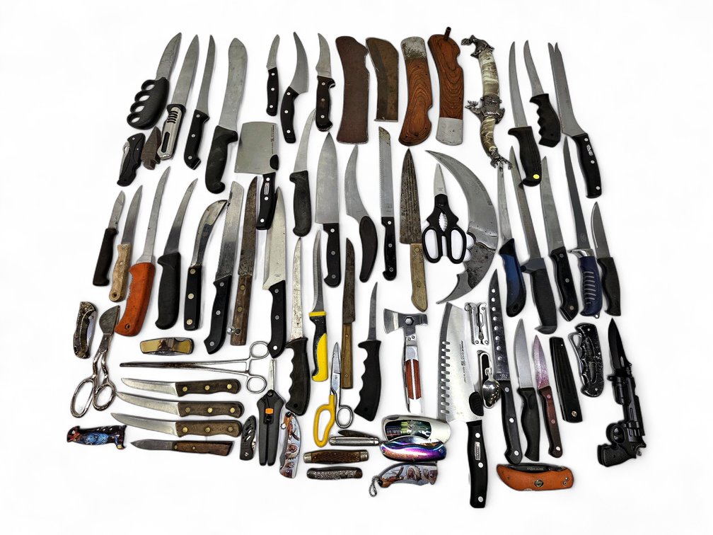 Large Knife & Cutting-Tool Assortment with Stag Display Knife and S-Tec Gun-Shaped Knife