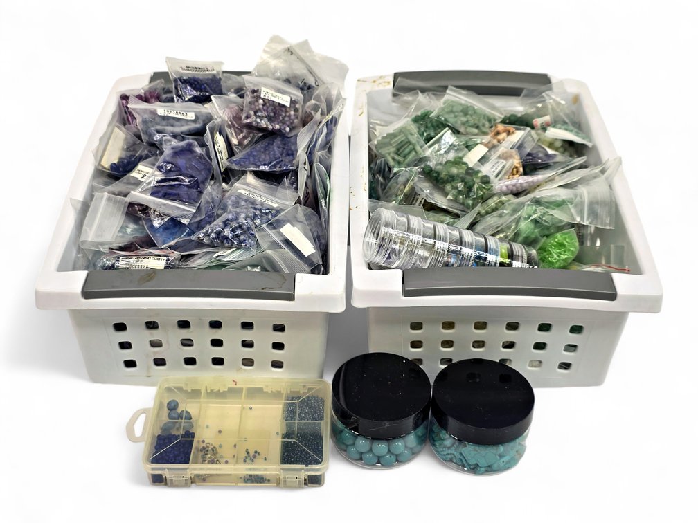 Blue, Green & Turquoise-Toned Beads in Two Baskets, Jars & Organizer