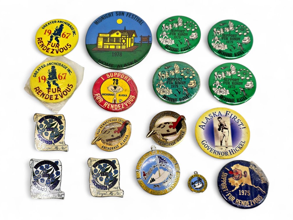 17 Alaska Festival & Governor Hickel Buttons, Pins and Pendants, 1960s–1970s