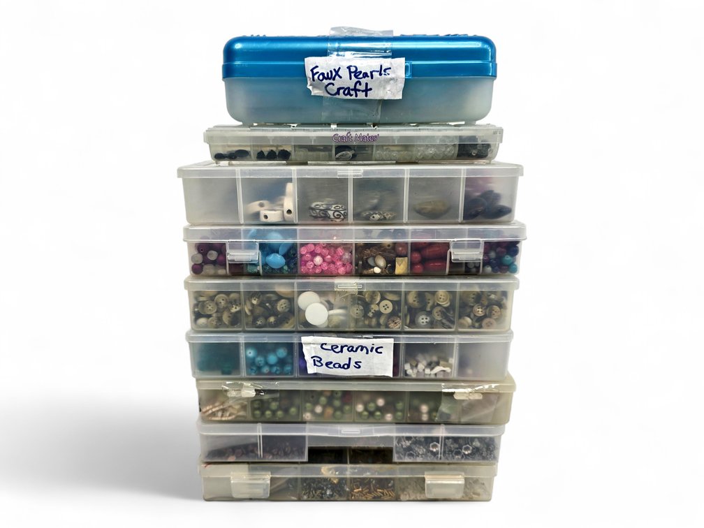 Faux Pearls, Ceramic & Decorative Beads, Buttons and Findings in Nine Containers