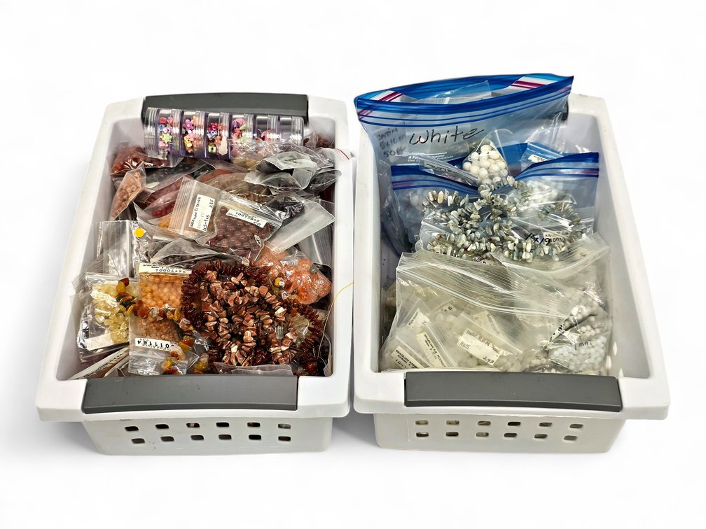 Brown, Amber, White & Gray Jewelry Beads in Two Baskets with Strands and Storage Jars
