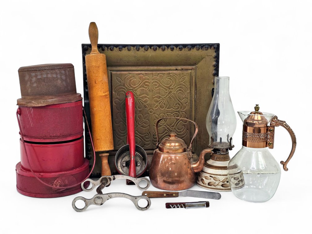 Peltiteos OPA Kettle, Princess House Carafe, Kerosene Heater, Oil Lamp & Utensils
