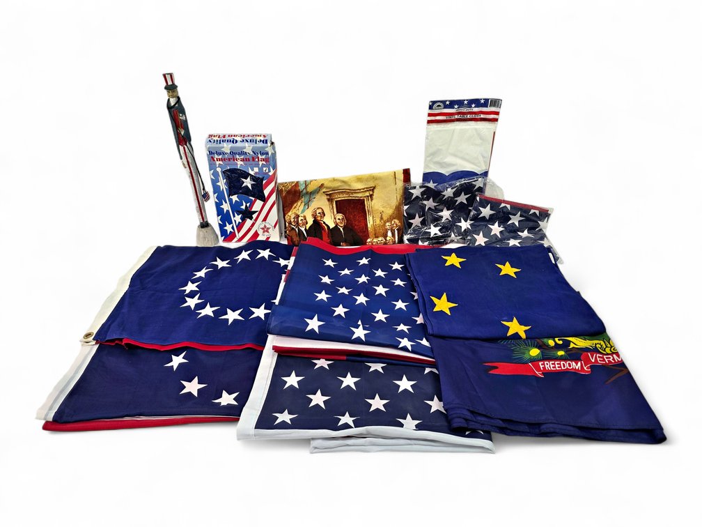 American, Betsy Ross, Alaska & Vermont Flags with Uncle Sam Carving and Patriotic Decor