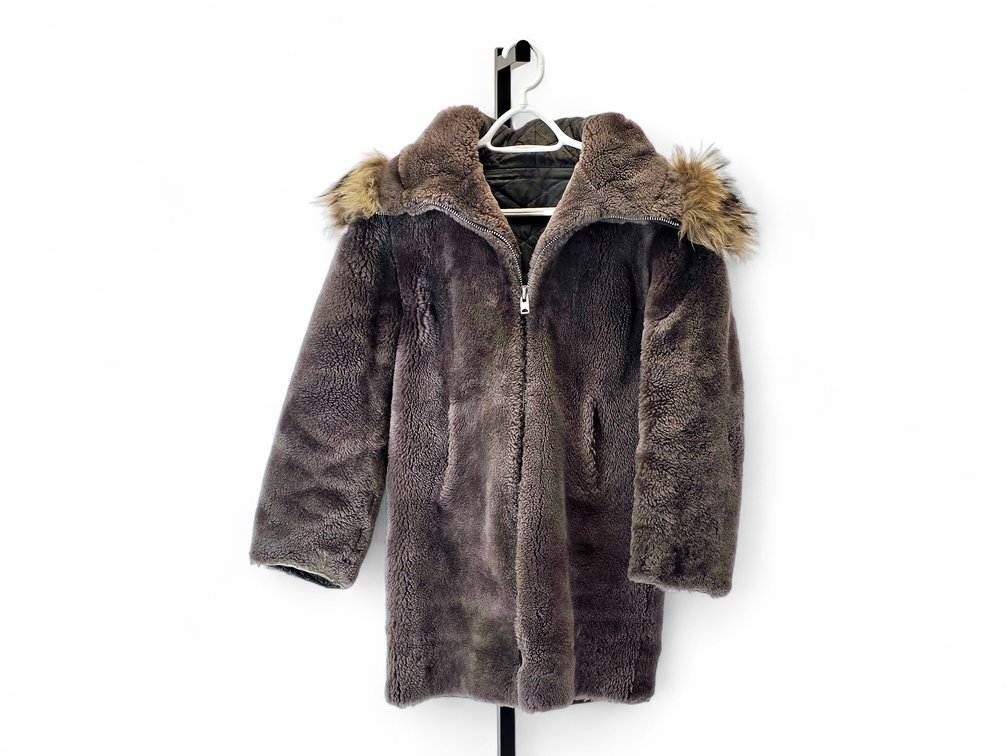 Brown Faux Shearling Parka with Coyote Fur Hood Trim & Damaged Zipper Tape