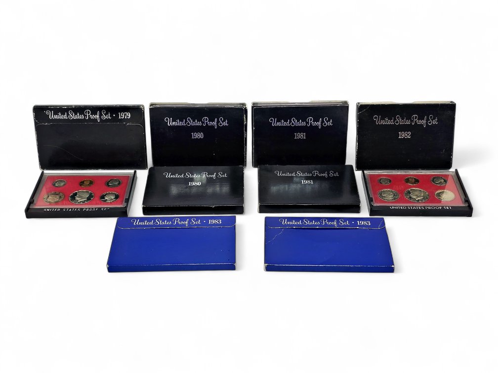 Nine U.S. Proof Sets, 1979–1983, with Eight Original Outer Packages