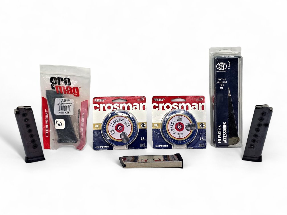 Five .45-Caliber Magazines & Two Crosman Premier Piranha .177 Pellet Packages