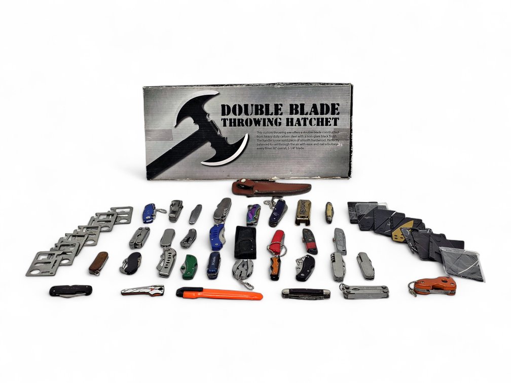 Pocket Knives, Card Tools & Sheaths with Box Labeled Double Blade Throwing Hatchet
