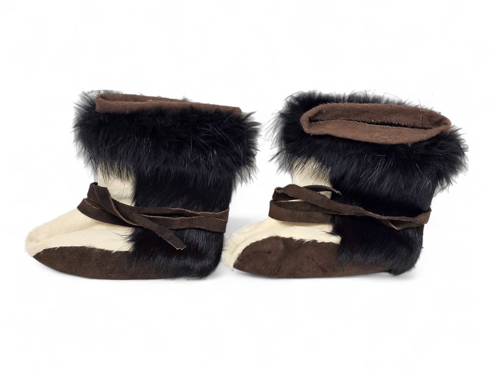 Small Black-and-White Fur Mukluks with Suede Soles & Leather Ties