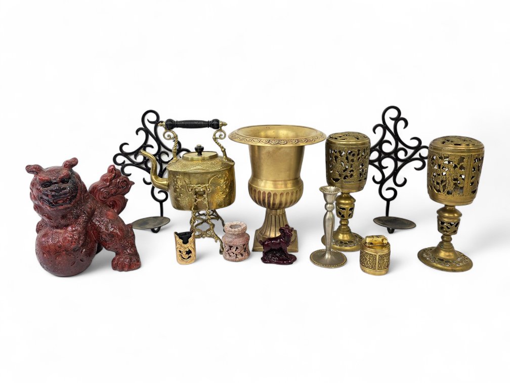 Decorative Kettle & Stand, Pedestal Vase, Table Lighter, Lion Dog & Candle Holders