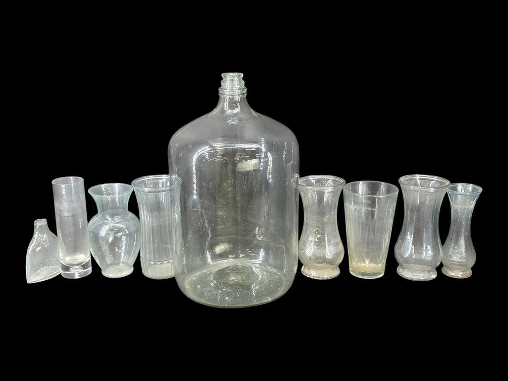 Nine Clear Glass Vessels: Large Carboy, Assorted Vases & Patterned Tumbler