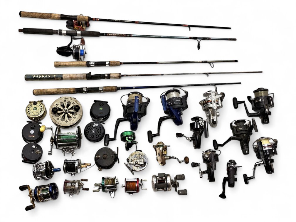 Fishing Reels & Five Incomplete Rod Butt Sections — Daiwa, Okuma, Pflueger & More