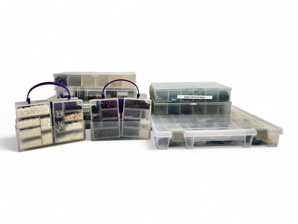 Jewelry Beads, Pendants, Findings & Cord in Compartment Boxes and Carry Caddies