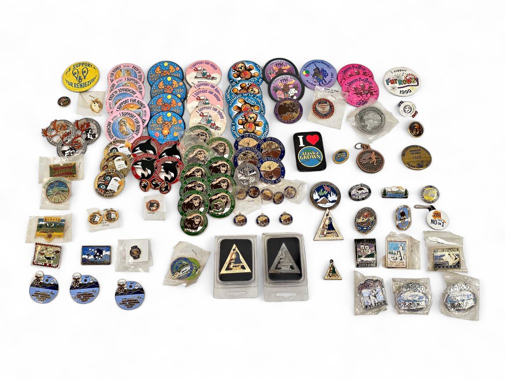 Alaska Souvenir Pins & Buttons: Fur Rondy, Iditarod, State Fair & Wasilla Water Festival