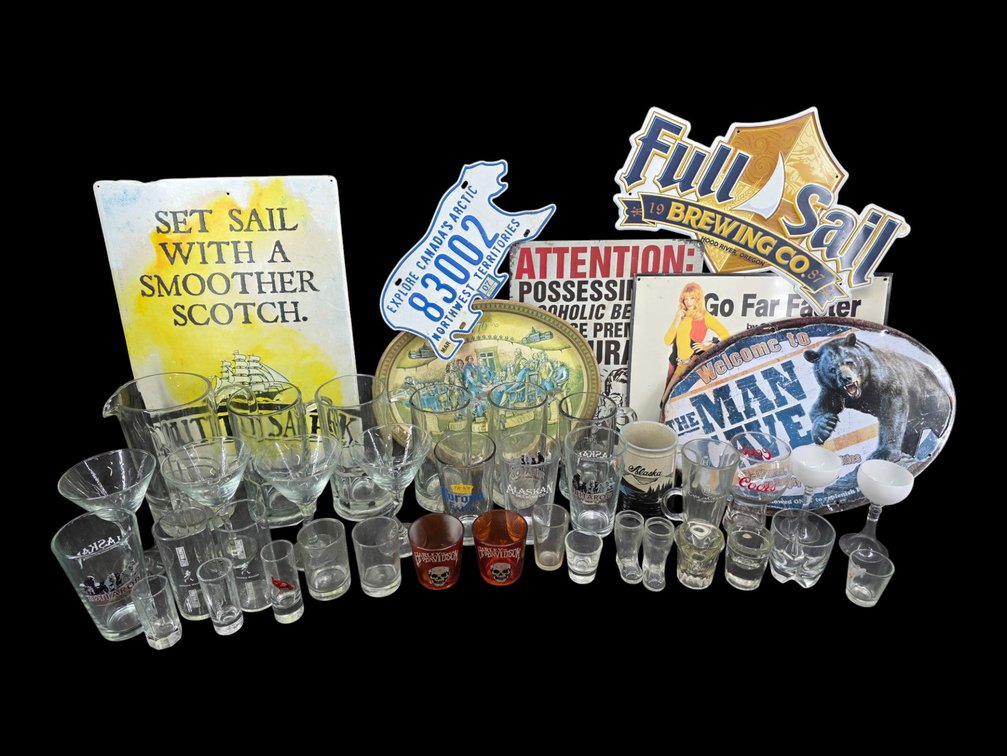 Cutty Sark, Full Sail & Norton Signs, NWT Bear License Plate, Bar Glasses & Miller Tray