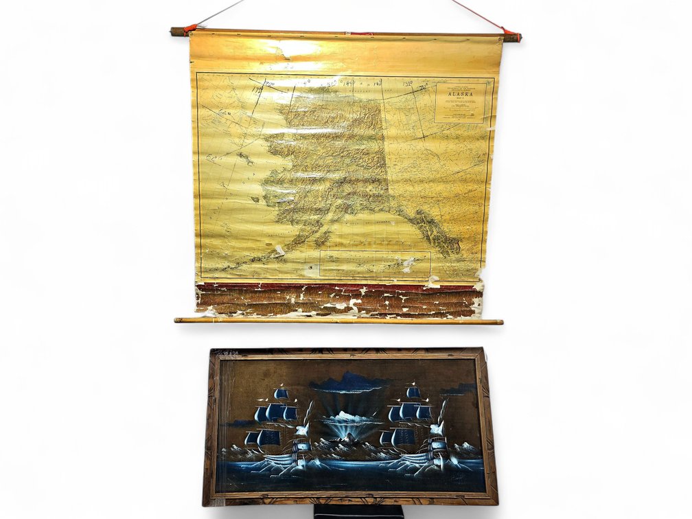 1954 USGS Alaska Roll-Up Wall Map & Framed Sailing-Ship Painting on Velvet