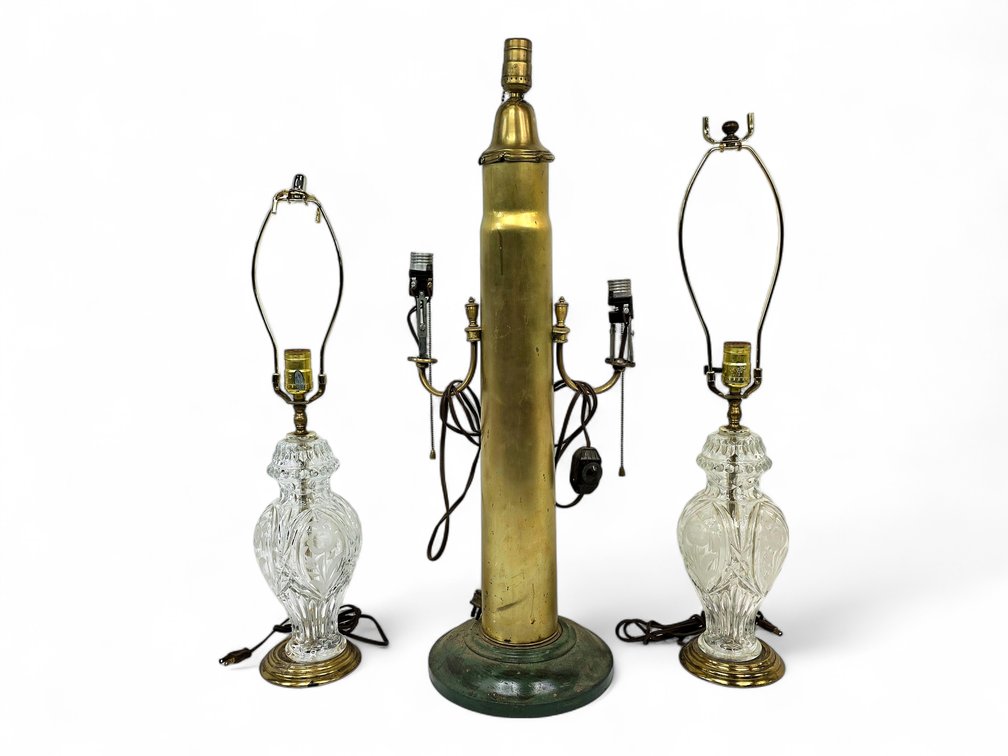 Two Floral Glass Table Lamps & Tall Brass Three-Light Lamp