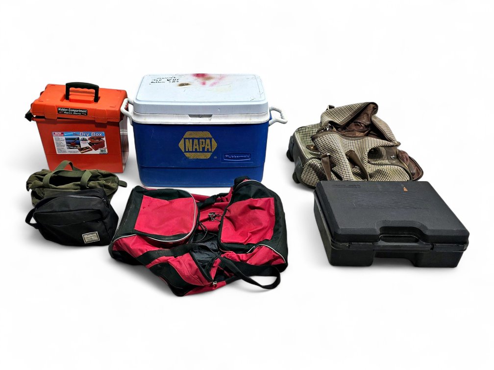 NAPA Rubbermaid Cooler, Dry Box, Handgun Case & Four Bags