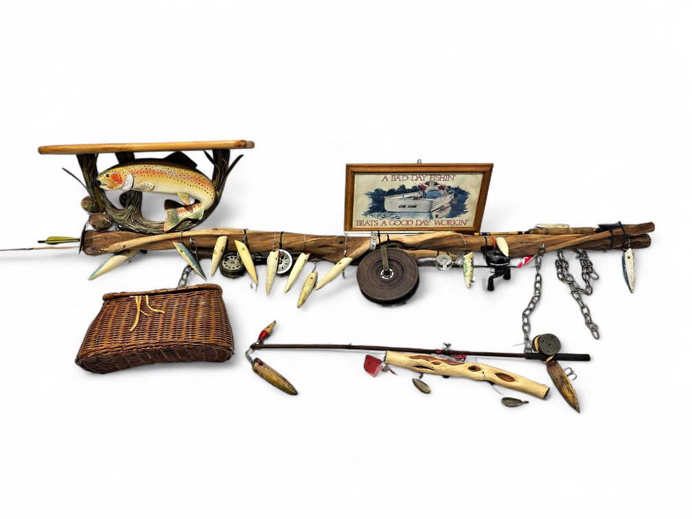 Fishing Wall Art: 92-Inch Rod-and-Lure Log, Trout Shelf, Wicker Creel & Framed Print
