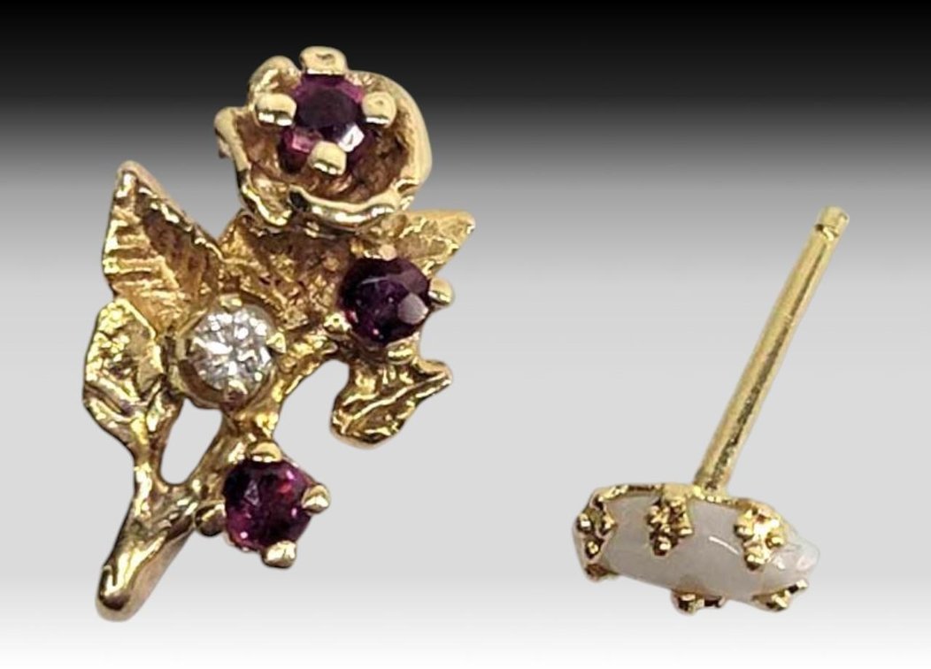 14k Gold Earring & Charm w/Diamond, Opal & Rubies
