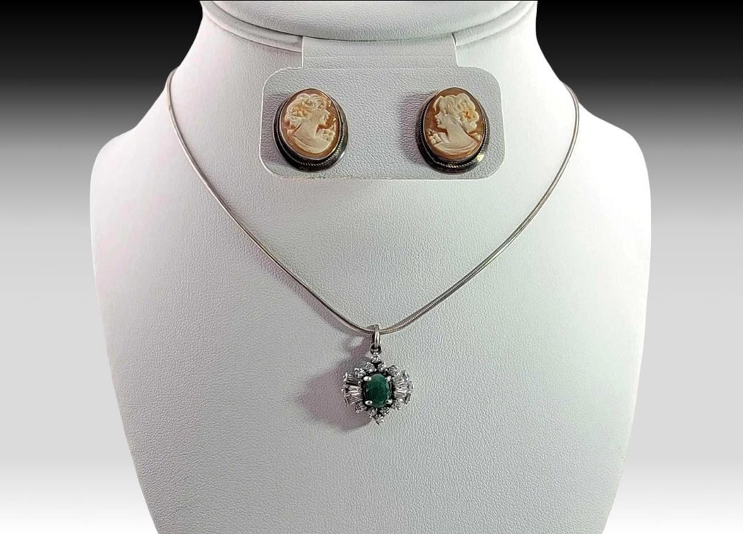 Sterling Silver Necklace w/ Emerald & Cubic Zirconia Pendant & Cameo Earrings 