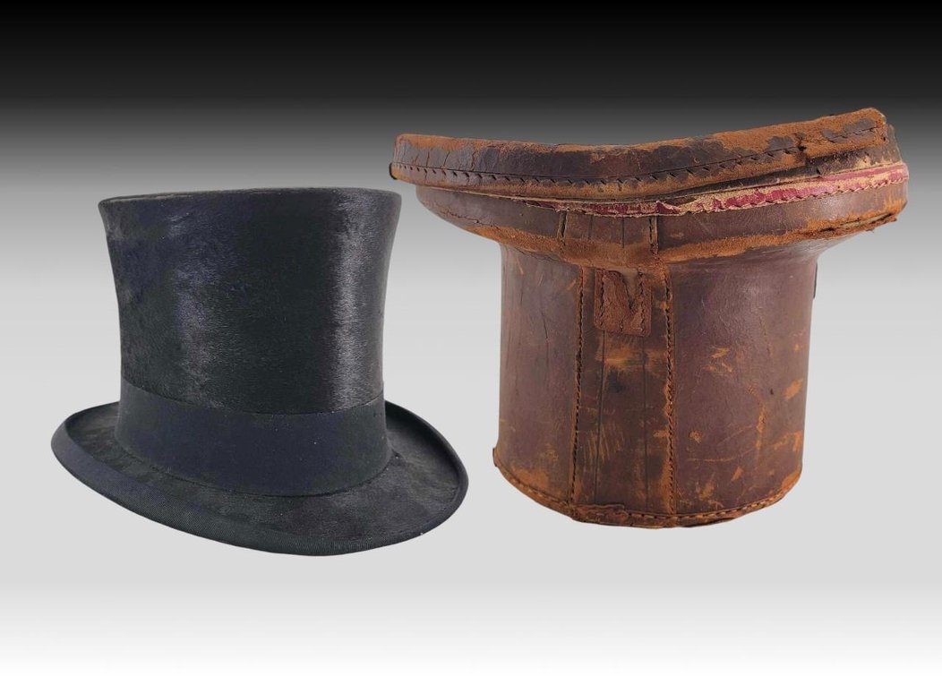 Antique Dunlop & Co., Top Hat & Leather Travel Hat Box