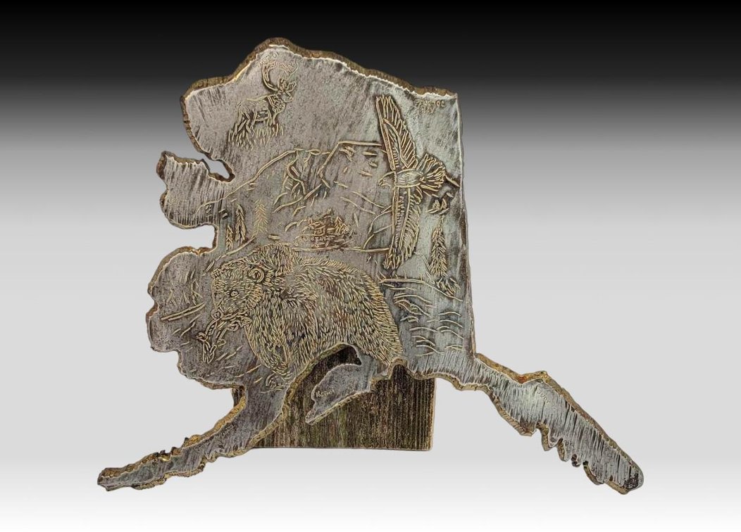 State of Alaska Cut & Engraved Steel Sculpture - James Watts