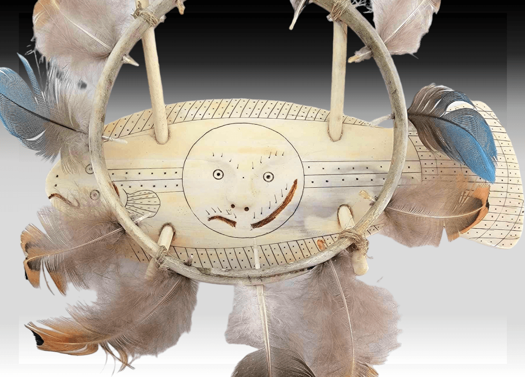 Walrus Ivory, Scrimshaw & Feather Inuit Spirt Wheel