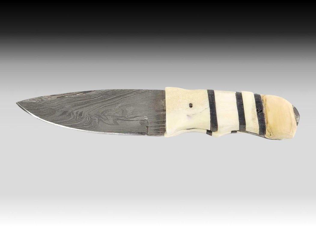 Damascus Steel Drop Point Knife w/Ivory & Baleen Handle