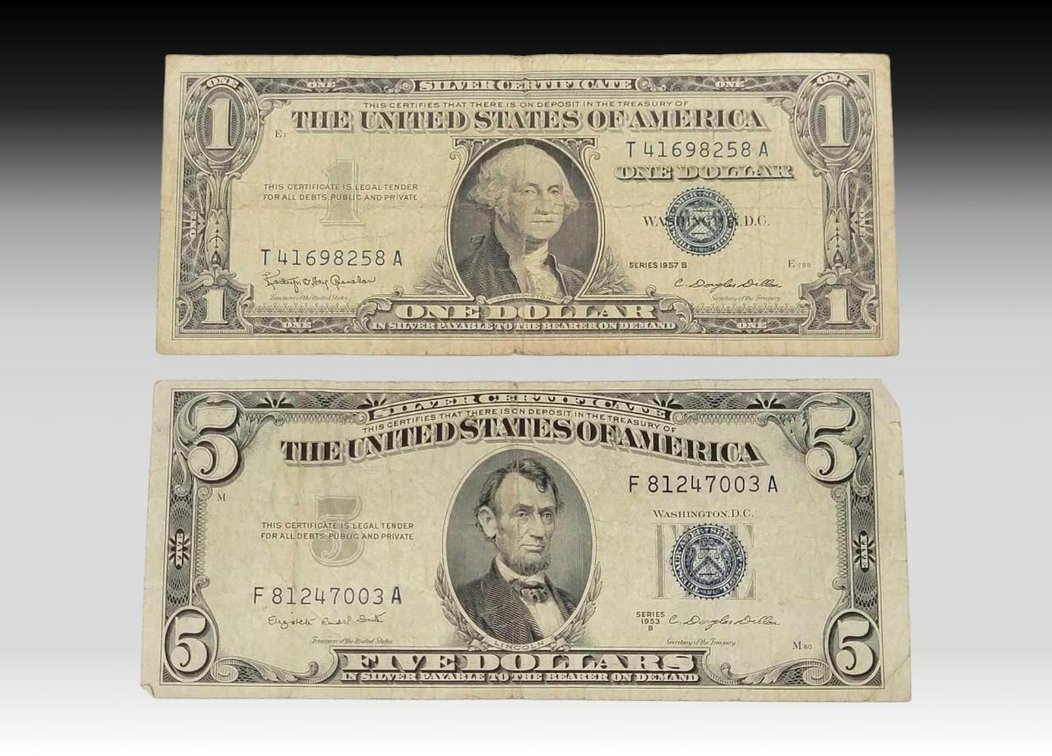 Fr. 1621 1957B $1 & Fr. 1657 1953B $5 Silver Certificates