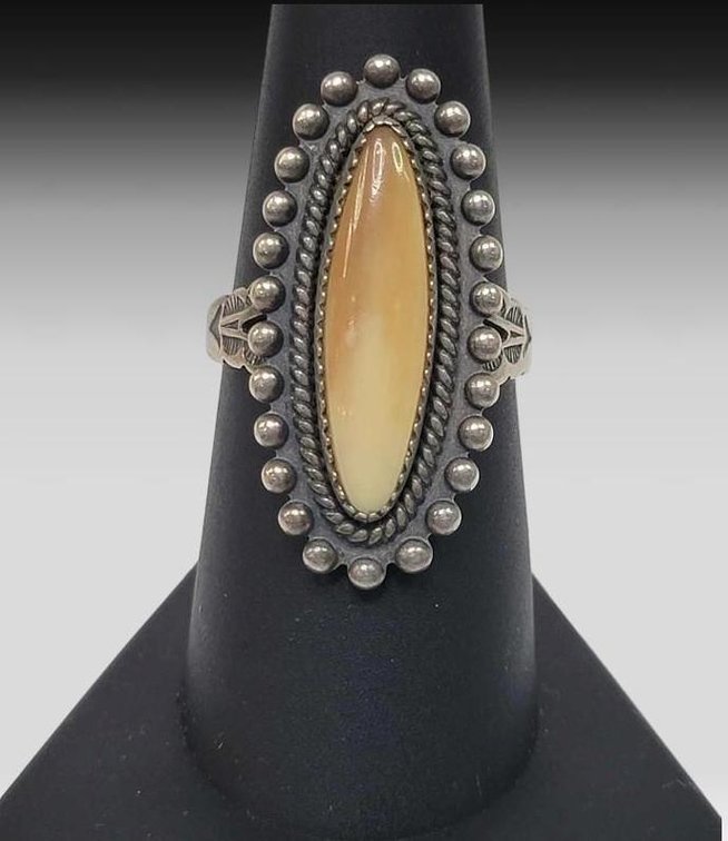 Sterling Silver & Fossilized Walrus Ivory Cabochon Ring - Size 8
