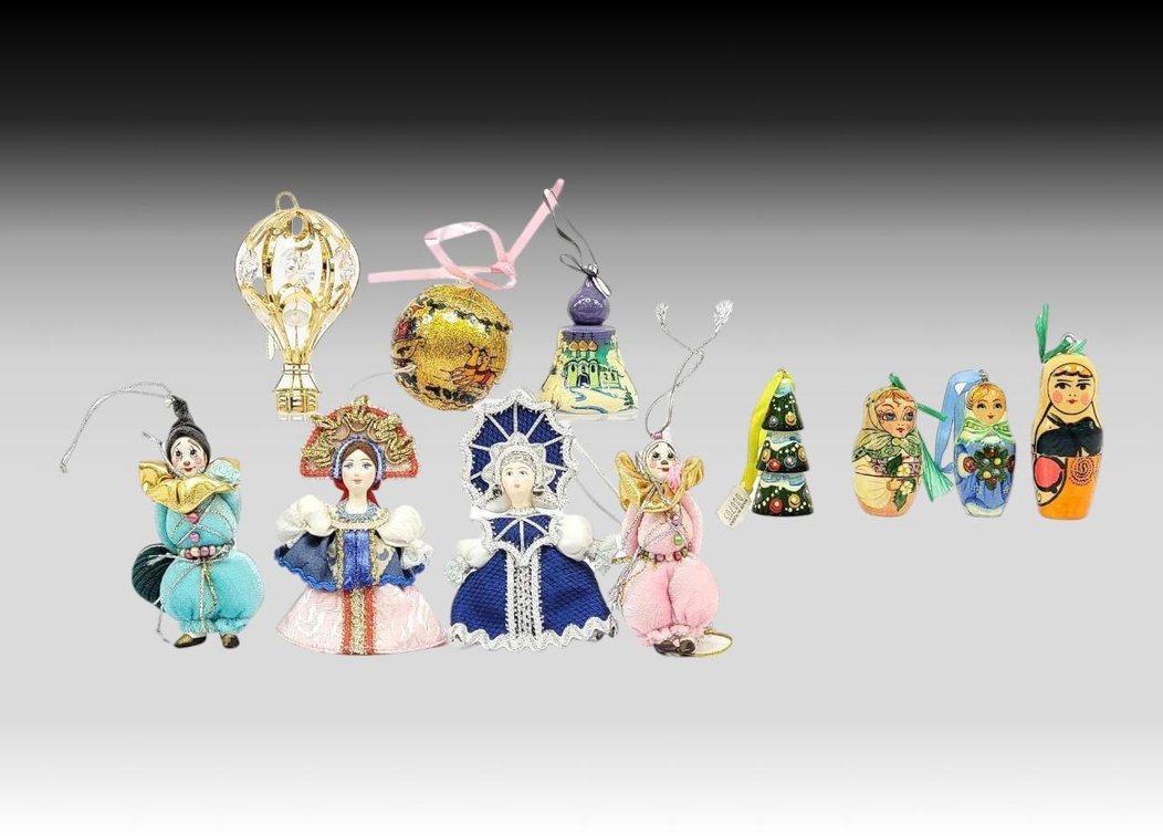11x Ornaments - Hot Air Balloons, Nesting Dolls, Bells & More