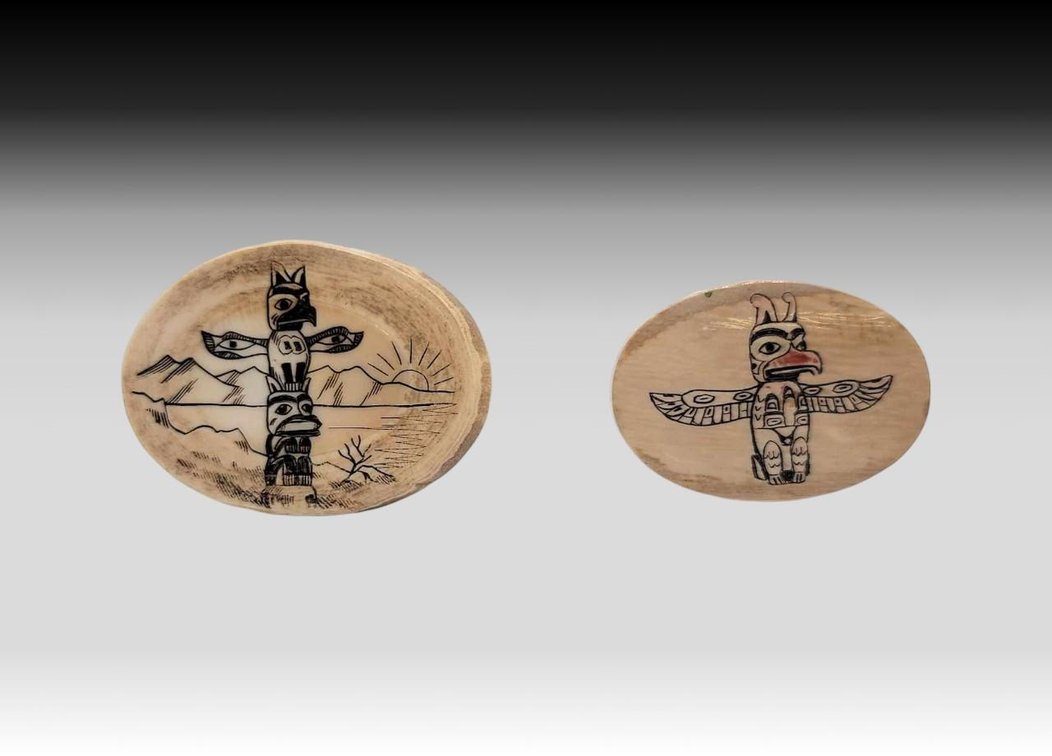 Scrimshaw Brooches w/ Thunderbird Totem Designs