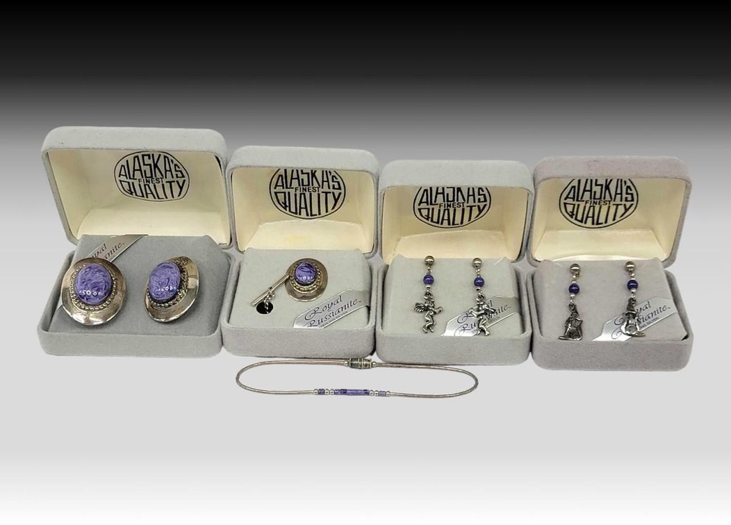 Sterling Silver Royal Russianite (Charoite) Jewelry - Earrings, Cuff Links, Tie Tack & Bracelet