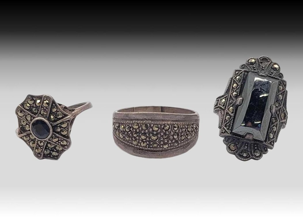 Sterling Silver Rings w/ Marcasite & Black Agate