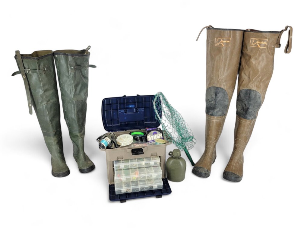 Waders, Flambeau Tackle Box, Landing Net, Tackle & More