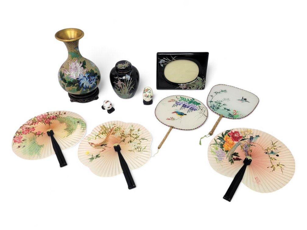 Asian Paper Hand Fans, Cloisonné Vase, Ceramic Trinket Jar, Ginger Jar & More