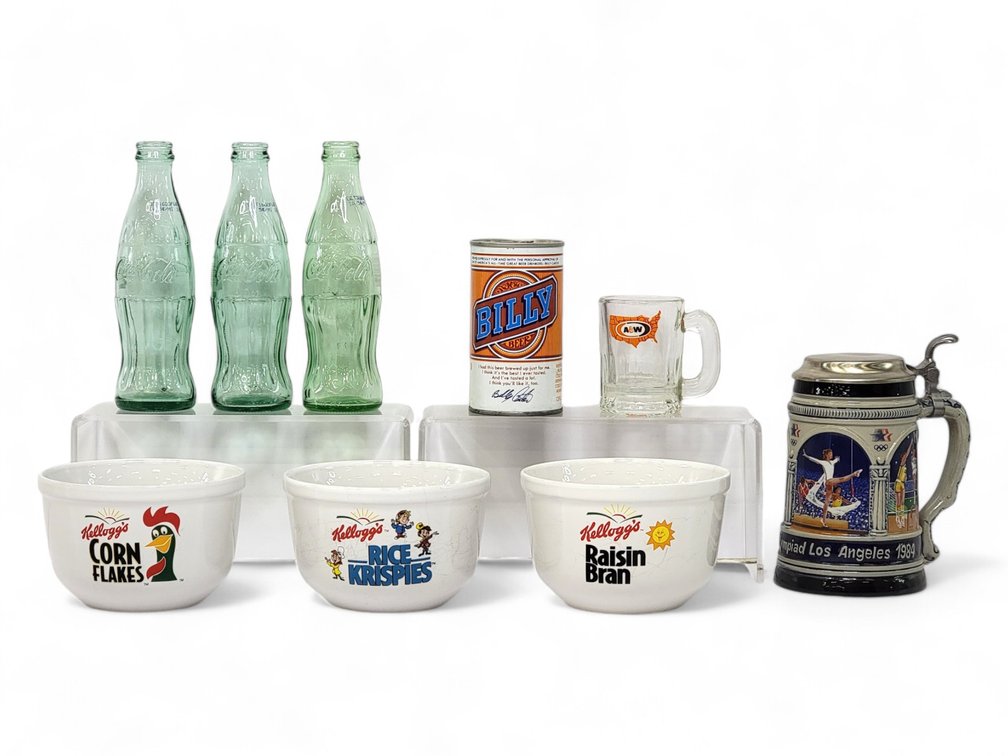 Kelloggs Cereal Bowls, Coca-Cola Bottles, Olympic Steins & Billy Beer Can