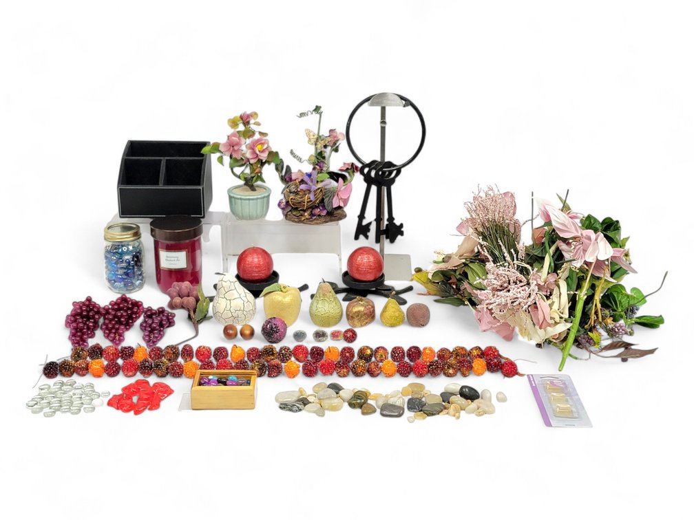 Decorative Faux Fruit, Candles, Glass Cabochons, "Flowering" Tree & More