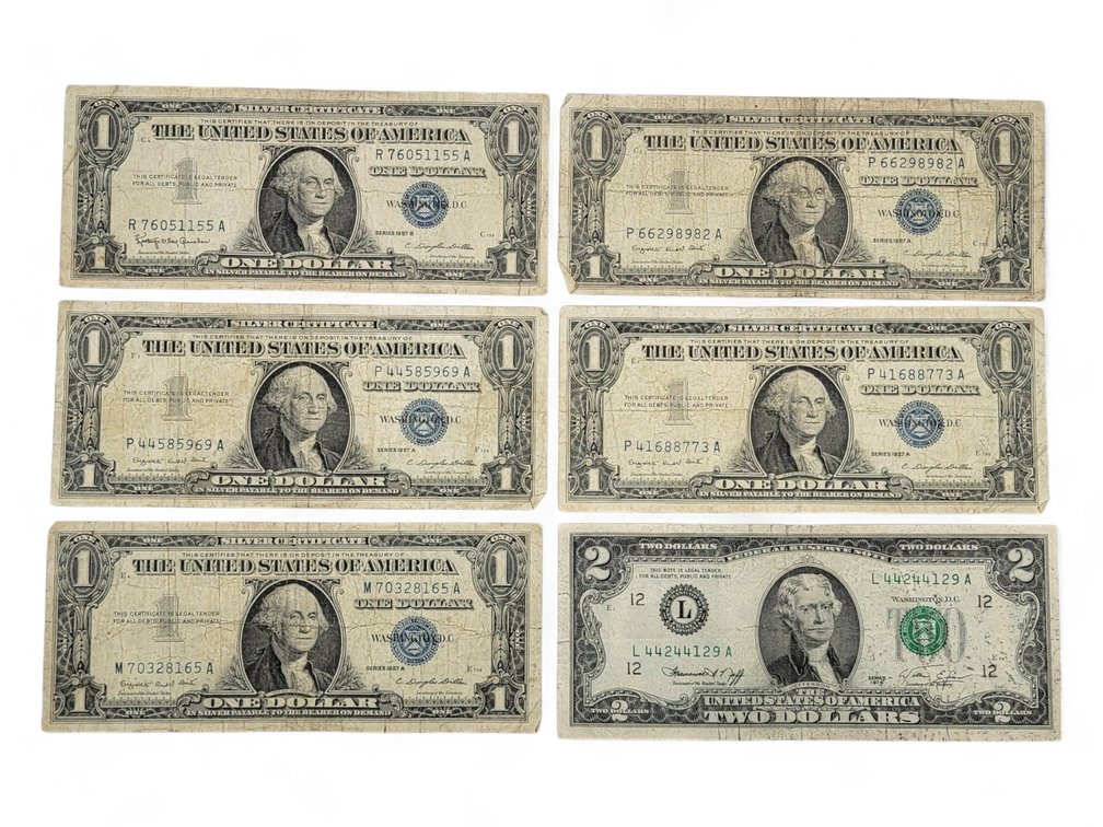 1957 A&B One Dollar Silver Certificates & Two Dollar Note