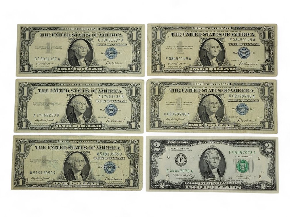 1957 One Dollar Silver Certificates & 1976 Two Dollar Note