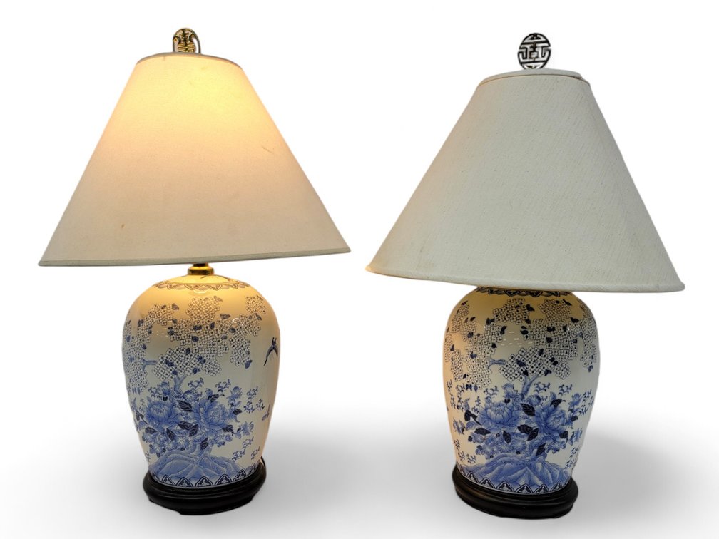Porcelain Chinoiserie Lamps w/ Rolling Cart
