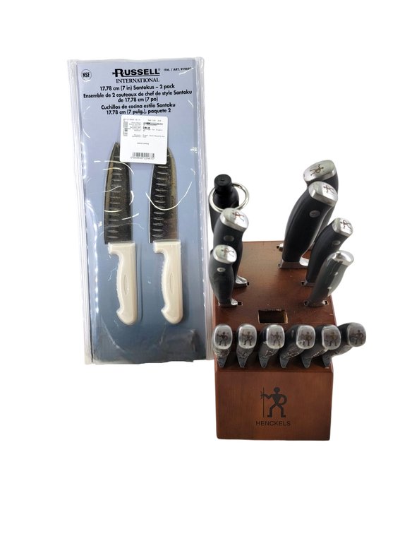 Henckles Knives w/ Block & Santokus Knives