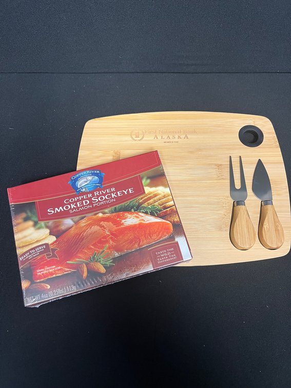 Alaska Dinner Basket - Includes $50 Gift Card, Cutting Board & Copper River Smoked Salmon