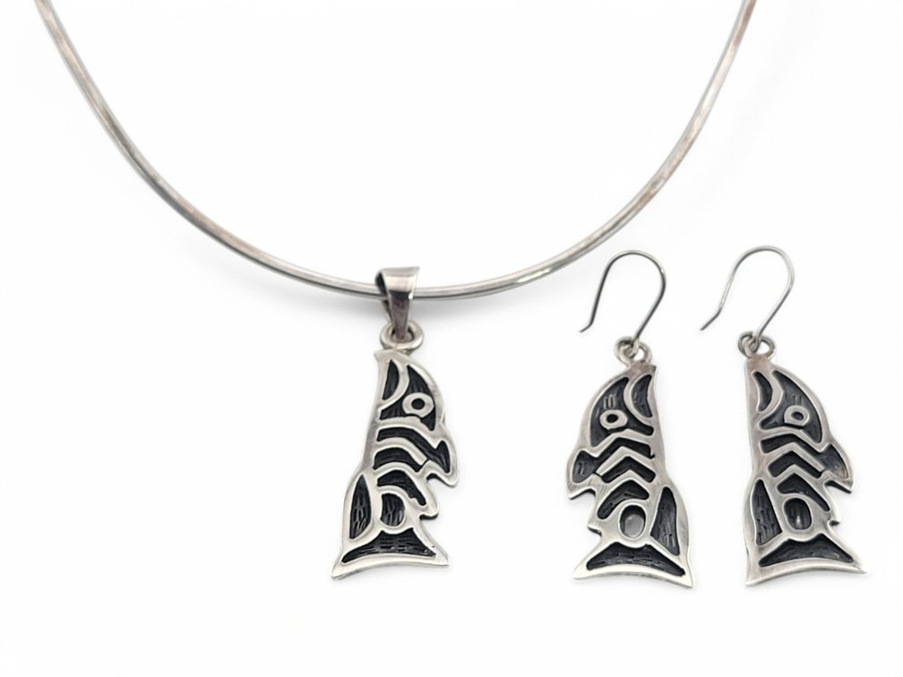 Sterling Silver Salmon Petroglyph Necklace & Earring Set