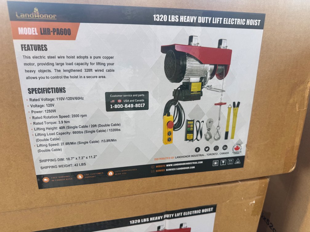 2026 Landhonor 1320lbs Heavy Duty Lift Electric Hoist