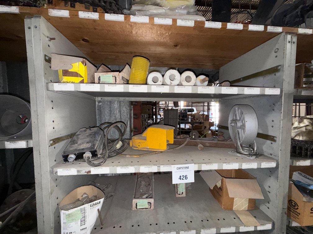 Multi-Shelf Metal Industrial Storage Rack with Hardware and Equipment Components