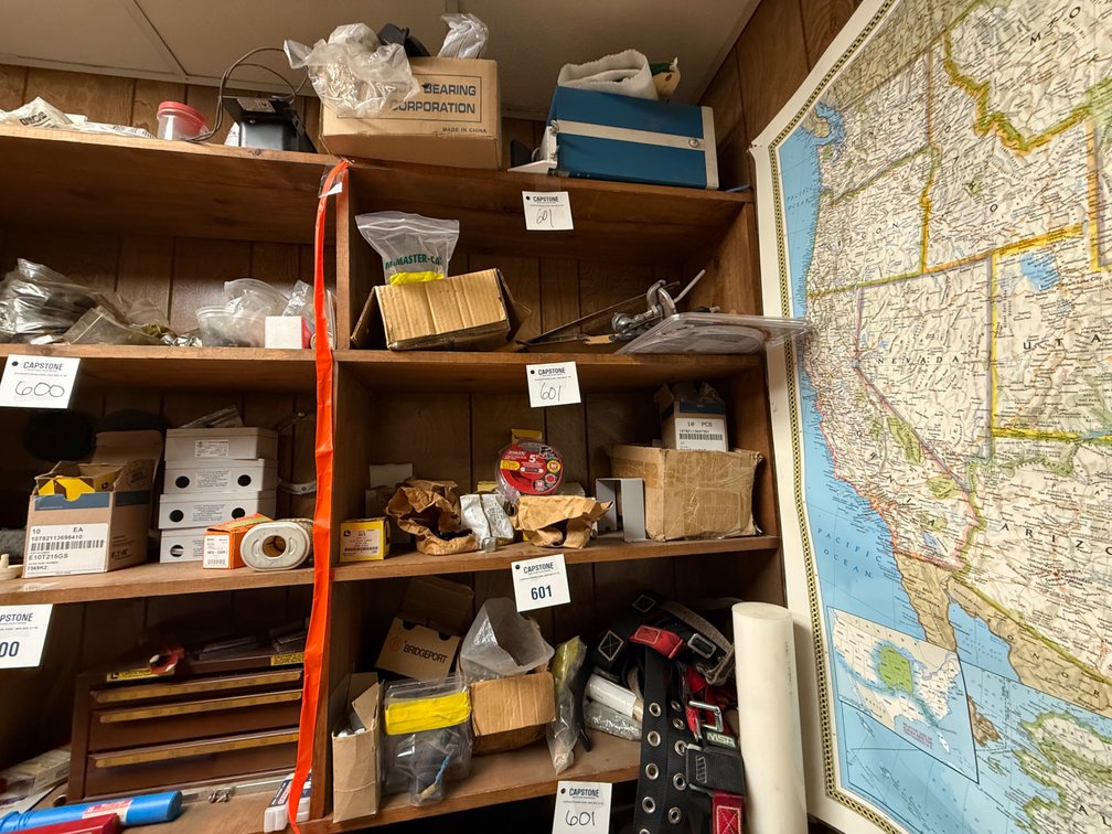 Assorted Maintenance Supplies, Tools, and Parts on Shelf