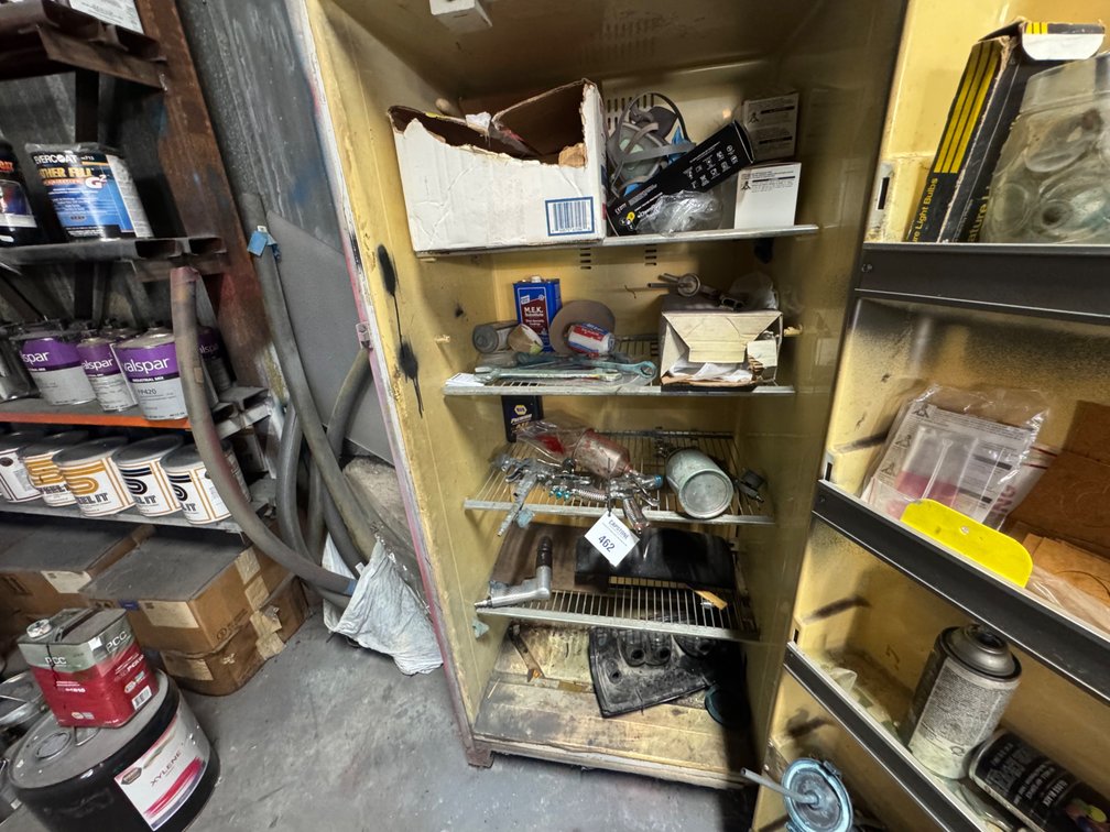 Workshop Cabinet with Pneumatic Paint Spray Guns and Automotive Supplies