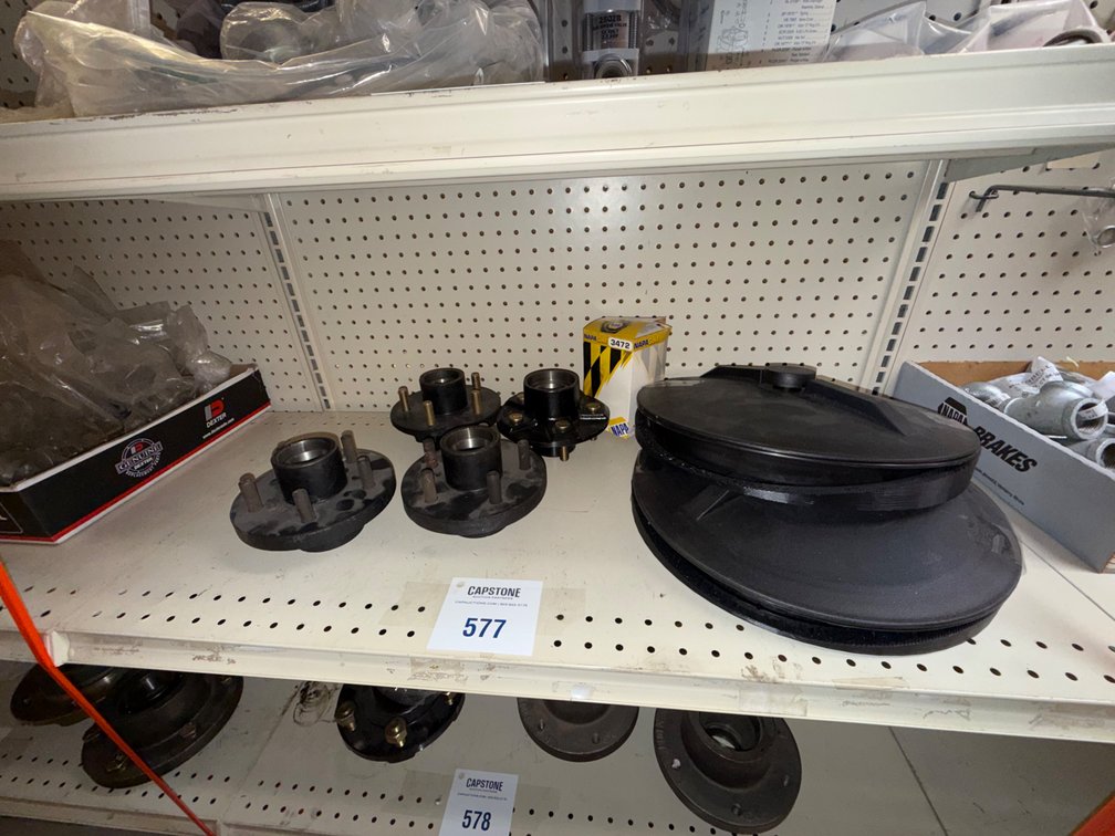 Assorted Trailer Wheel Hubs & Industrial Belt Pulleys