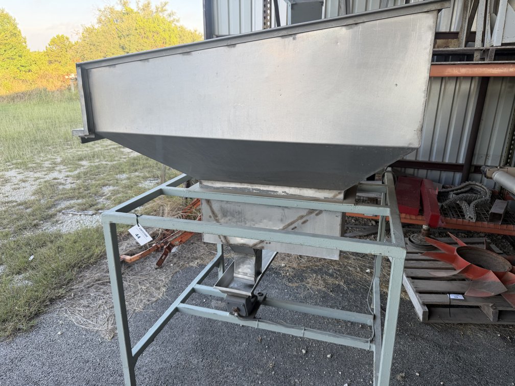 Stainless Steel Feeding Hopper Tank on Industrial Steel Support Stand